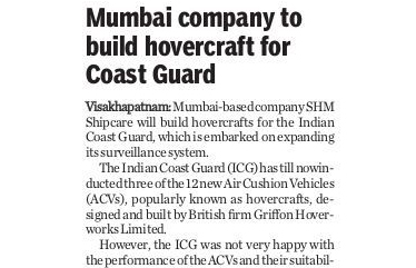 Mumbai based company SHM Shipcare to build hovercraft for Indian Coast Guard.